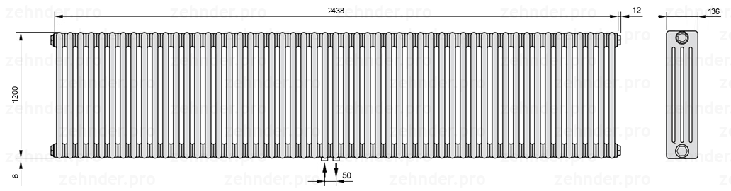 Схема (чертеж) Радиатор Zehnder Charleston 4120/53 №3470 Белый глянцевый RAL 9016